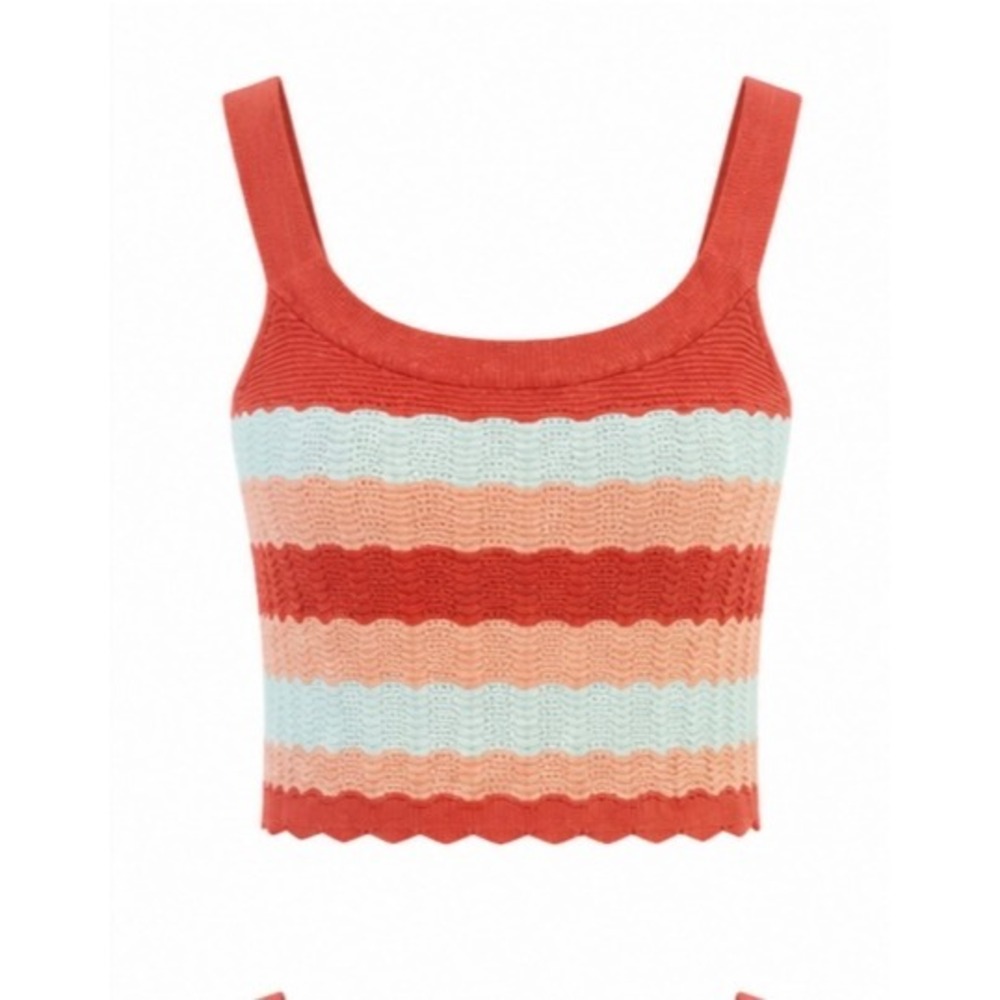 Kori Women Striped Knit Crop Top Rust Orange Mint Green Scallop Hem Size L
